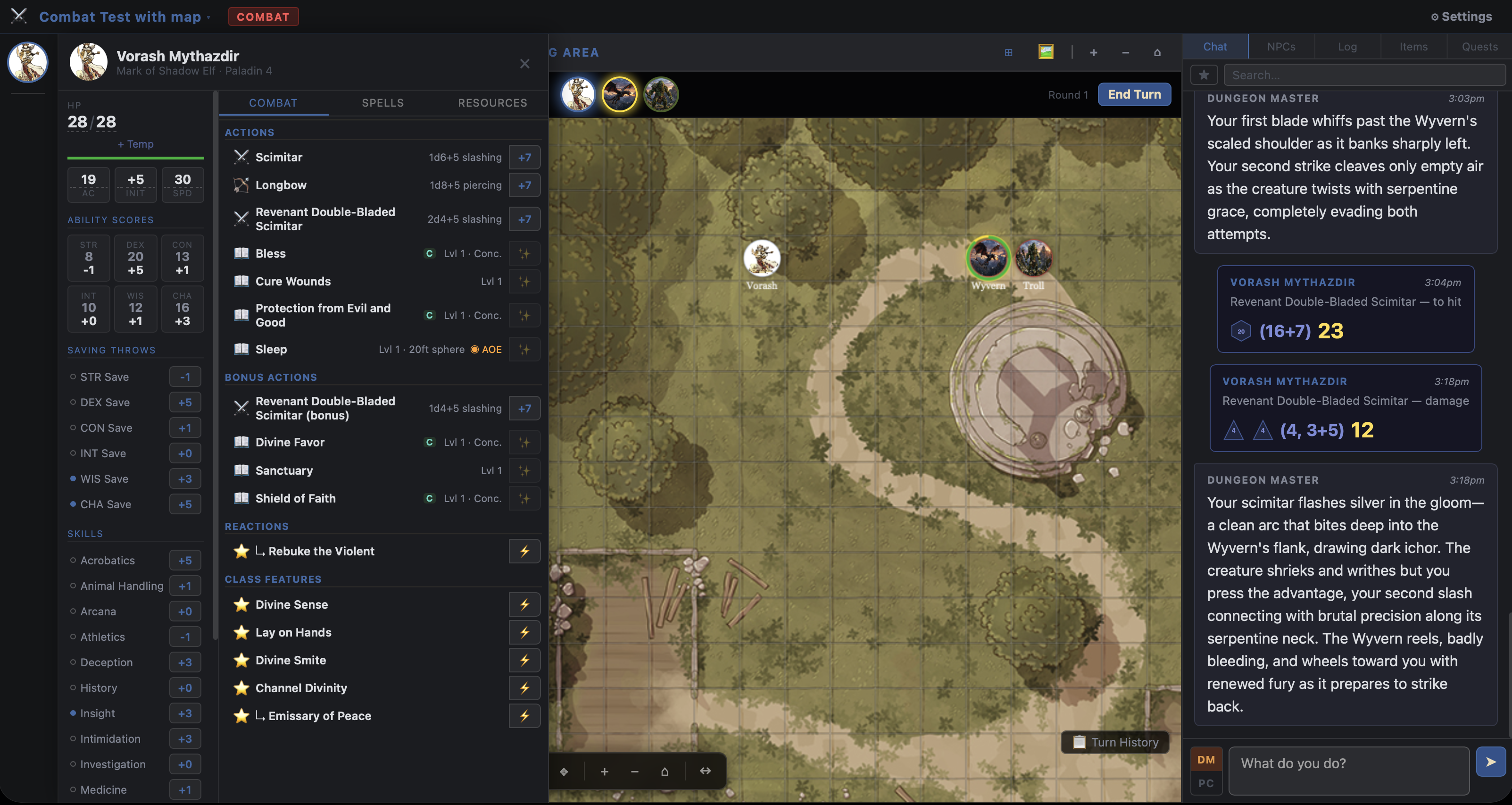 Combat scene with battle map, character sheet, and game chat