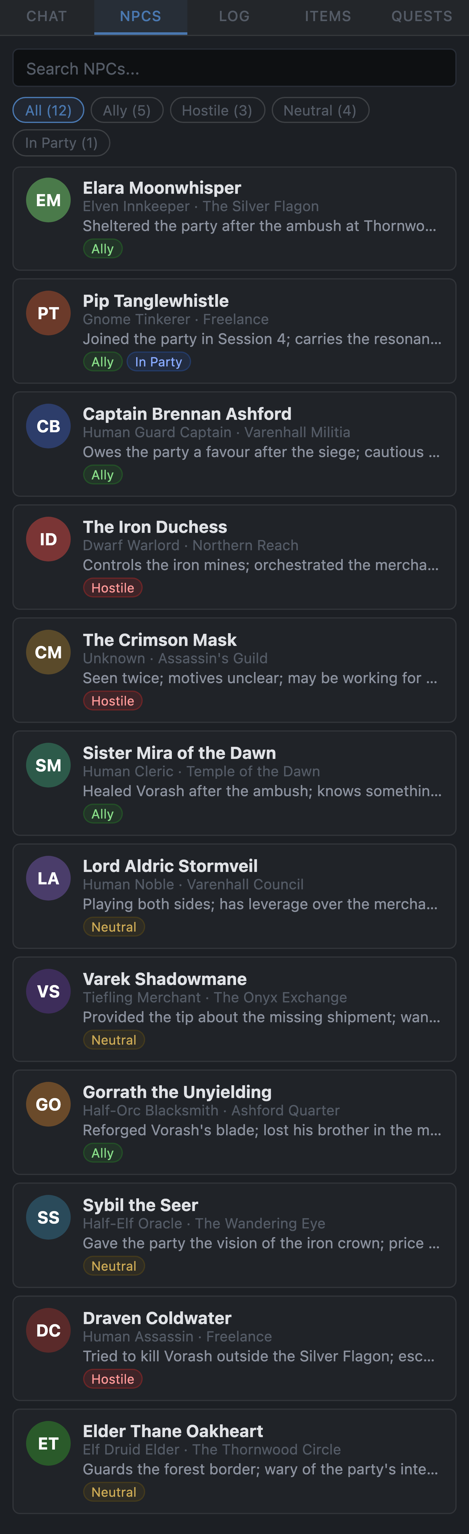 NPC browser panel