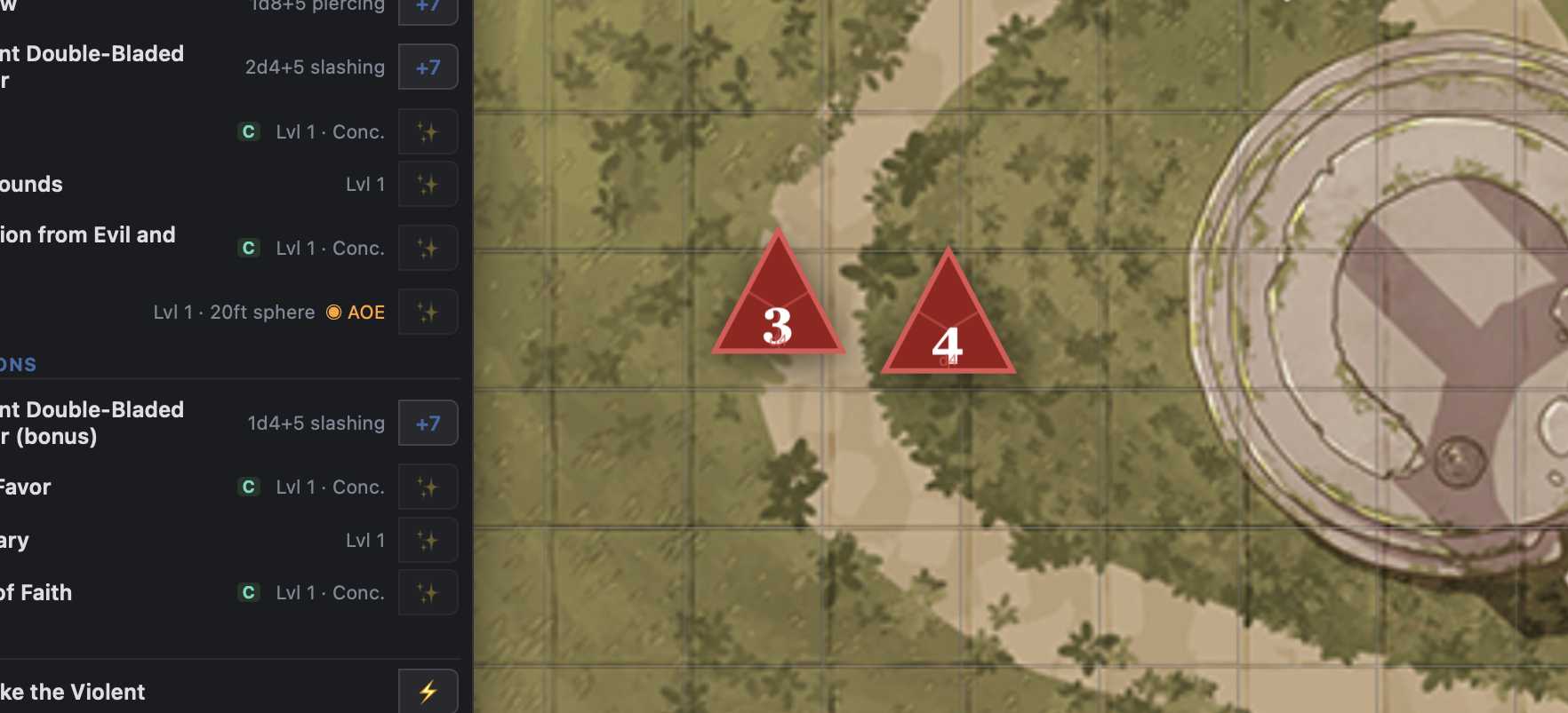 Zoomed battle map with character token and enemy positions