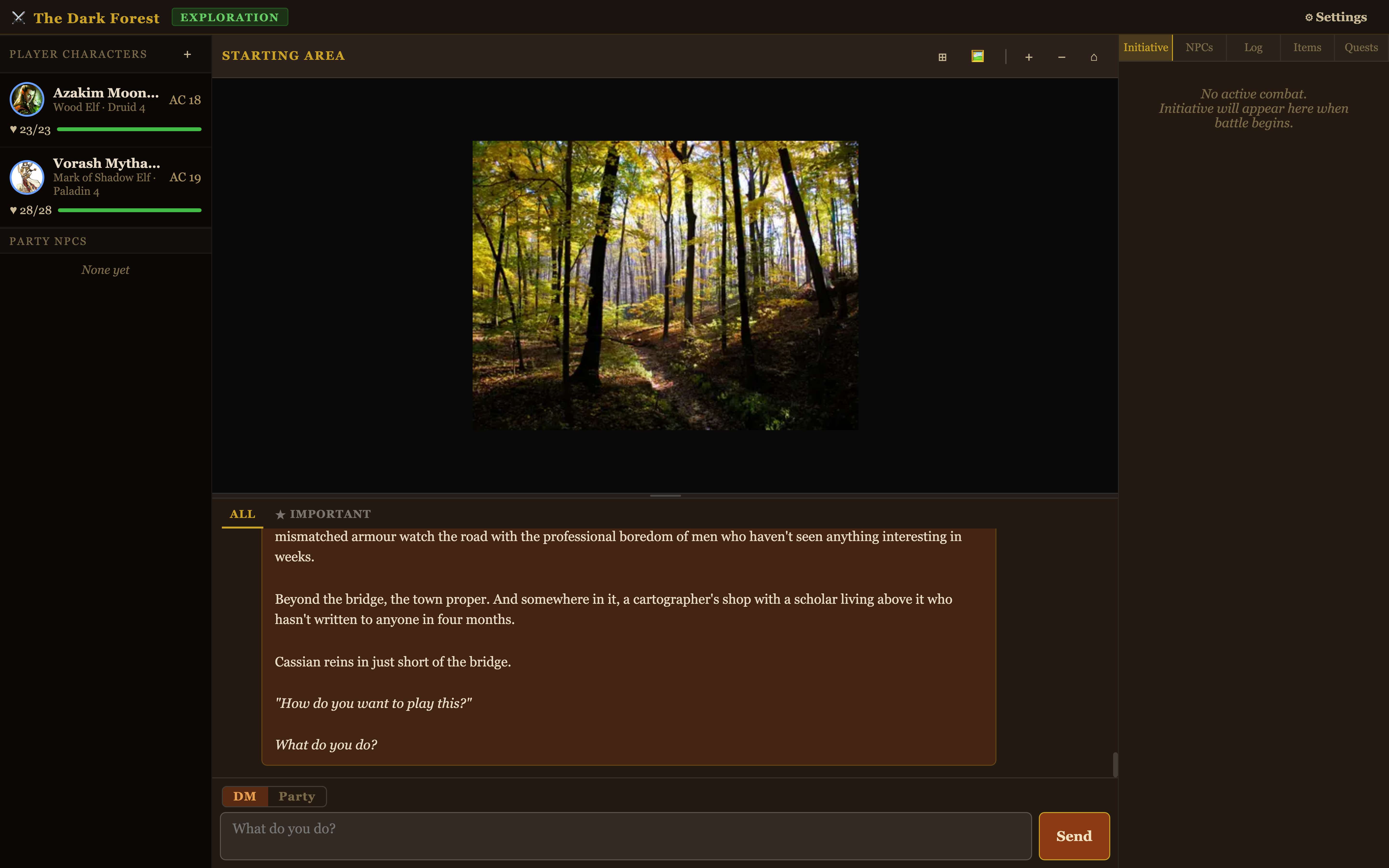 Early game interface showing the original dark amber theme with battlemap, character sidebar, and DM chat